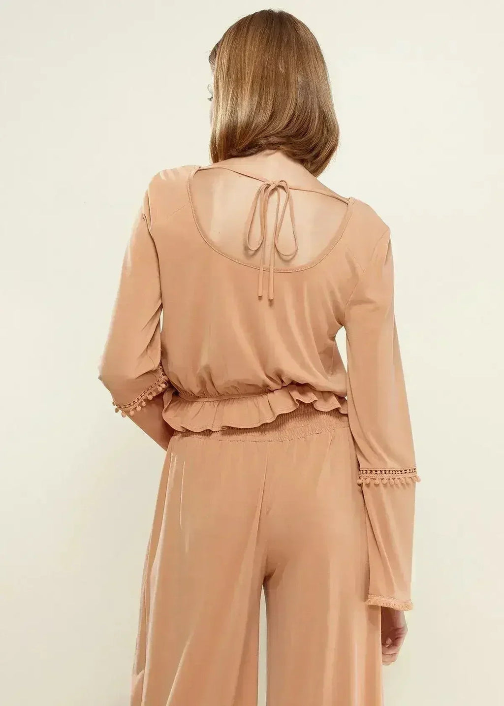 Women's Fringe Cuff Bell Sleeve Top in Apricot