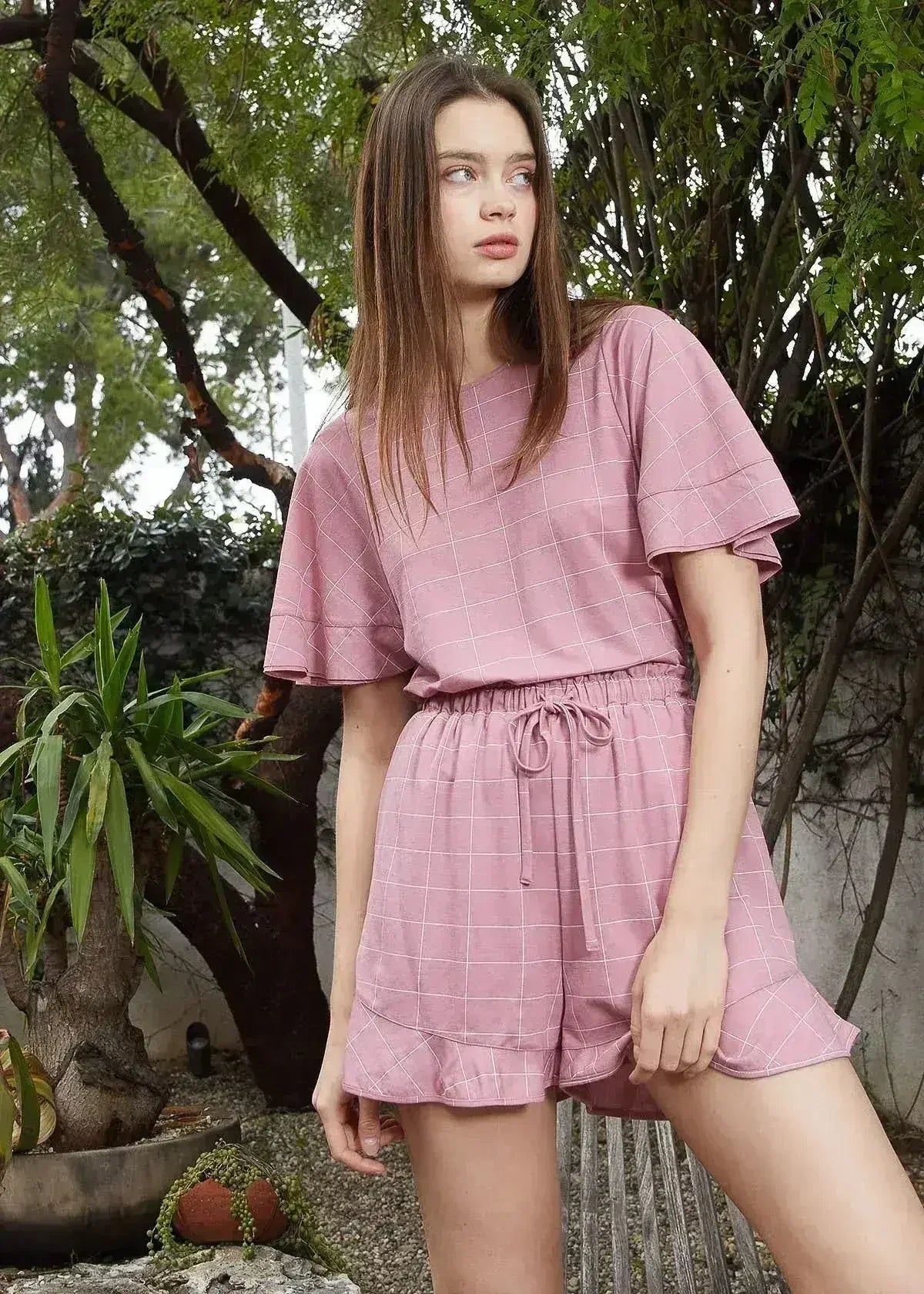 Women's Grid Print Crew Neck Blouse in Pink | Femstylo