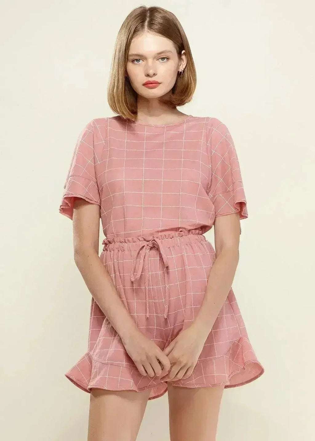 Women's Grid Print Crew Neck Blouse in Pink | Femstylo