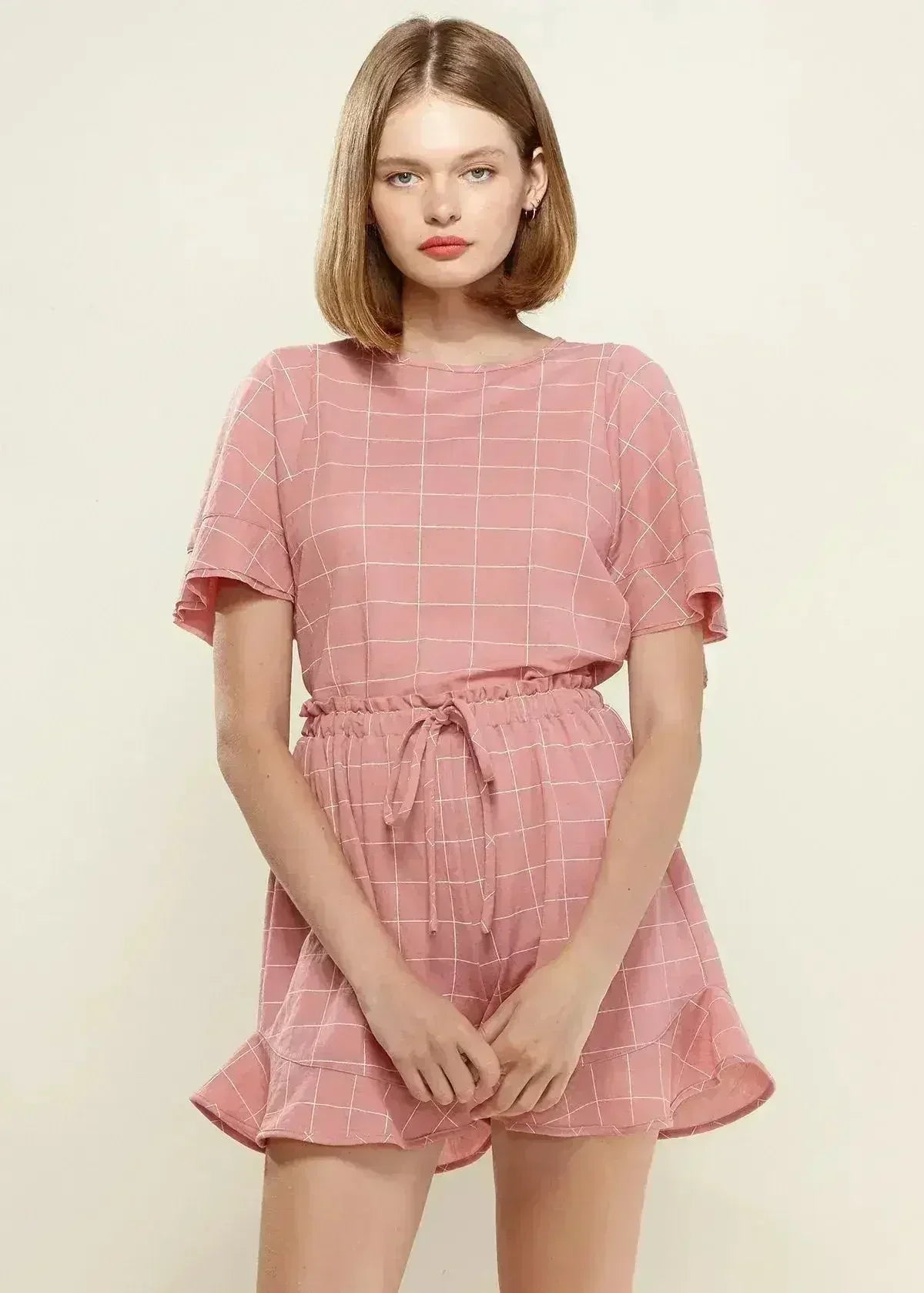 Women's Grid Print Crew Neck Blouse in Pink | Femstylo