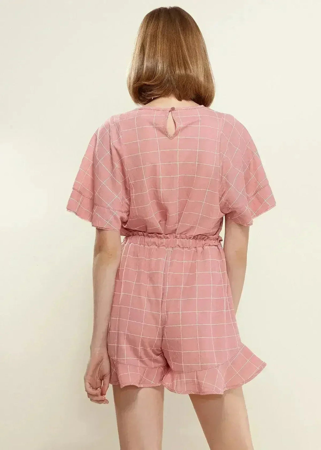 Women's Grid Print Crew Neck Blouse in Pink | Femstylo