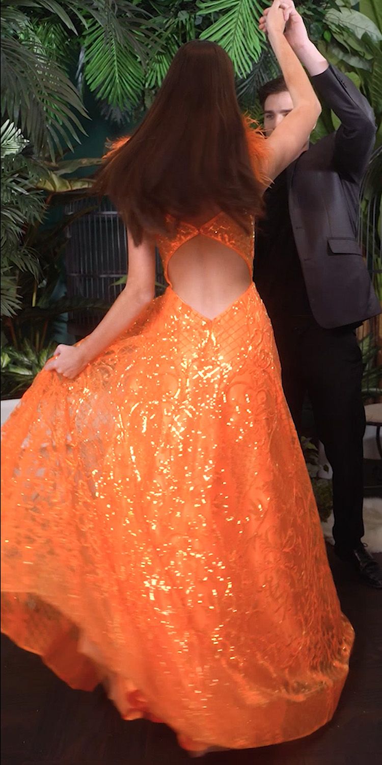 Ladivine KV1076 Floor Length Neon Orange Ball Gown with Feathers