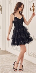 Ladivine KV1090 Glitter Printed A-Line Ruffle Short Dress
