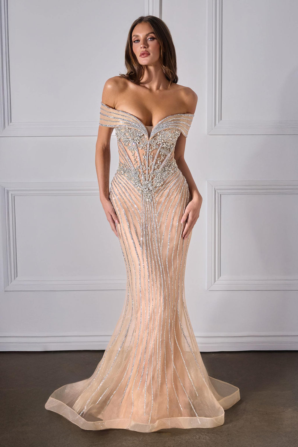 Ladivine KV1130 Mermaid Gown Off Shoulder Crystal Embellished Tulle