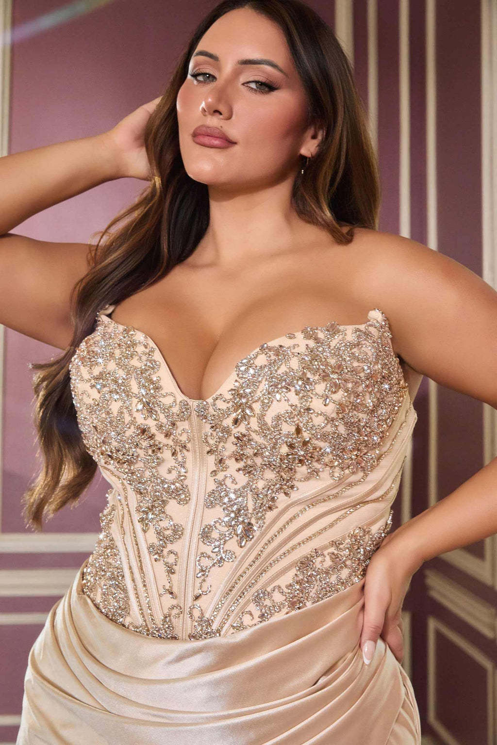 Ladivine KV1136C Strapless Sweetheart Draped Satin Fitted Plus Size Gown