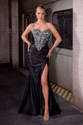 Ladivine KV1142 Sultry Fitted Strapless Crystal Embellished Thigh High Slit Gown