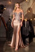 Ladivine KV1144 Off the Shoulder Fitted Satin Gown Lux Draping