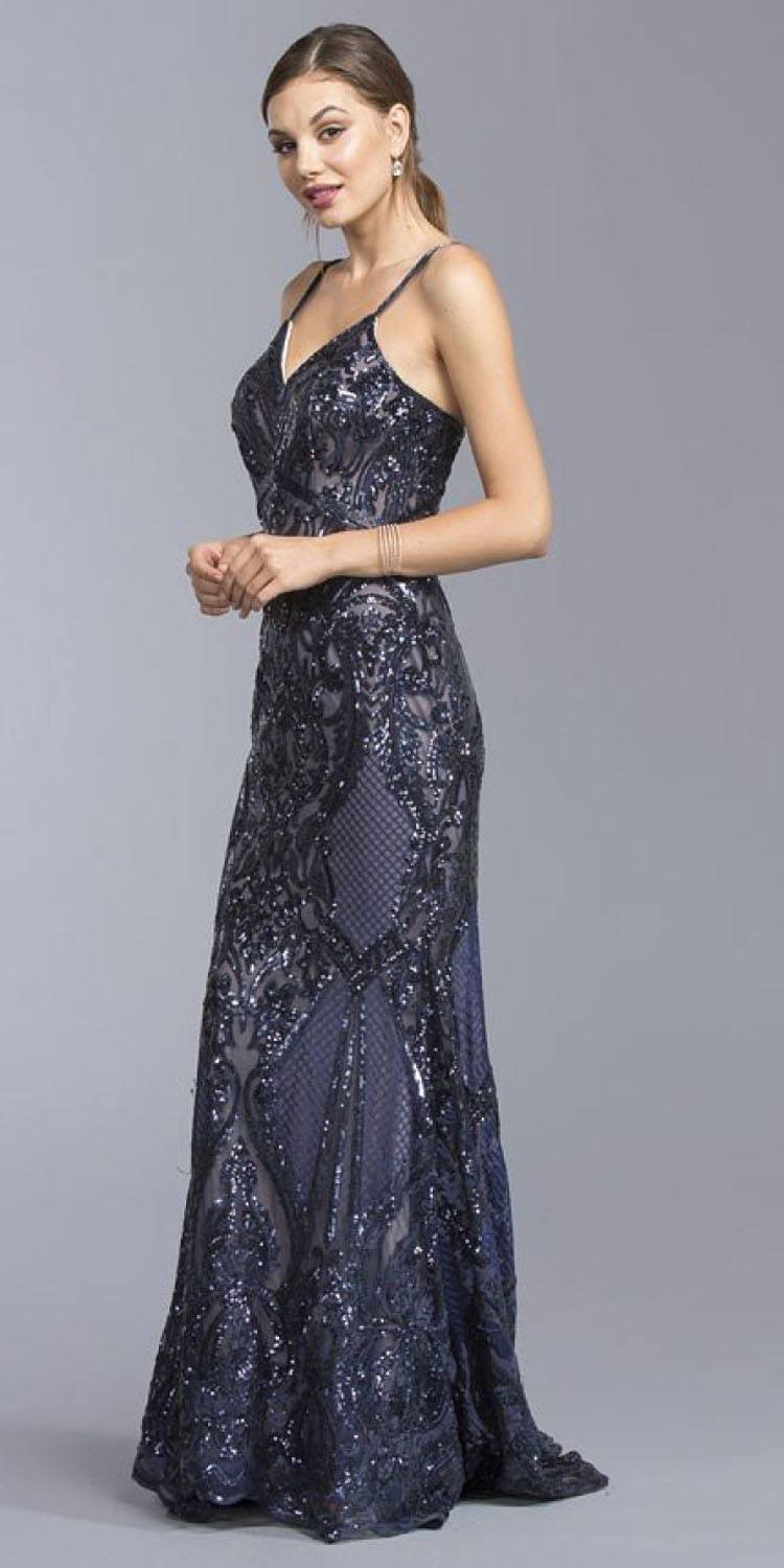 CLEARANCE - Aspeed L1982 Long Sequins Navy Blue Evening Gown V-Neck (Size XS)