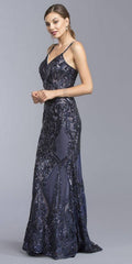 CLEARANCE - Aspeed L1982 Long Sequins Navy Blue Evening Gown V-Neck (Size XS)