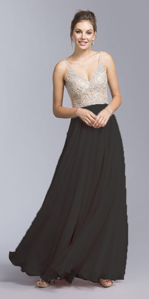 CLEARANCE - Aspeed USA 2055 Illusion Bodice Beaded Long Dress V-Neck (Size XXS)