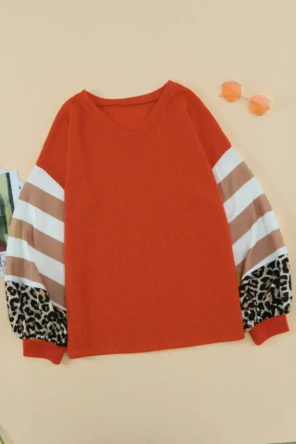 Red V Neck Lantern Sleeve Leopard Stripe Splice Long Sleeve Top