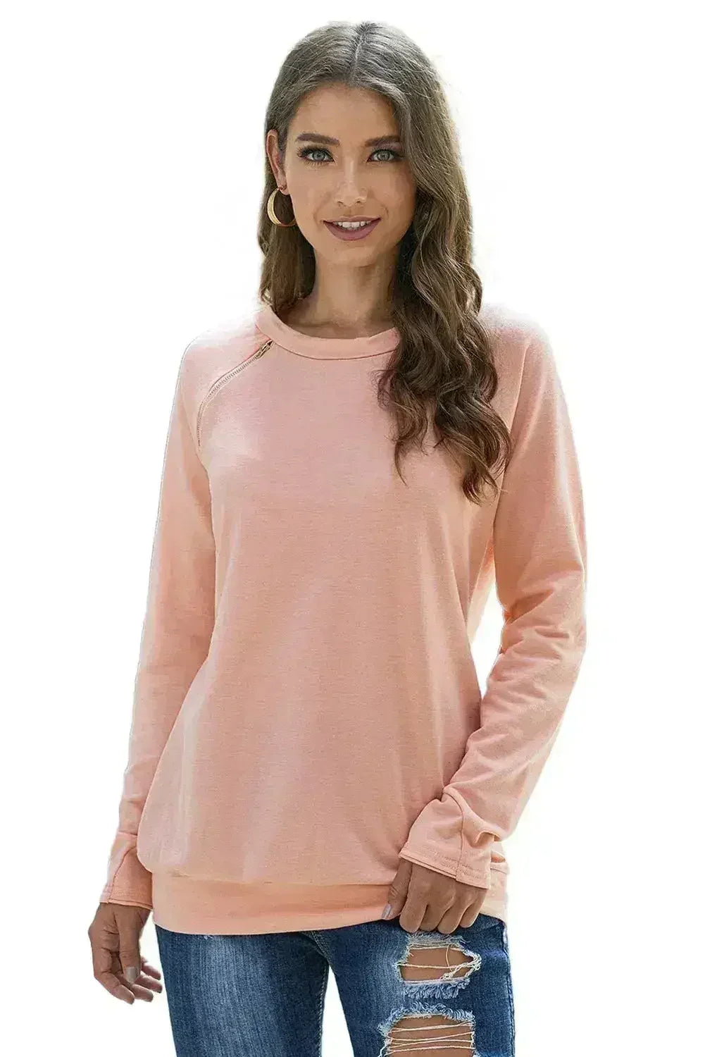 Women Gold Zip Detail Pink Pullover Sweatshirt