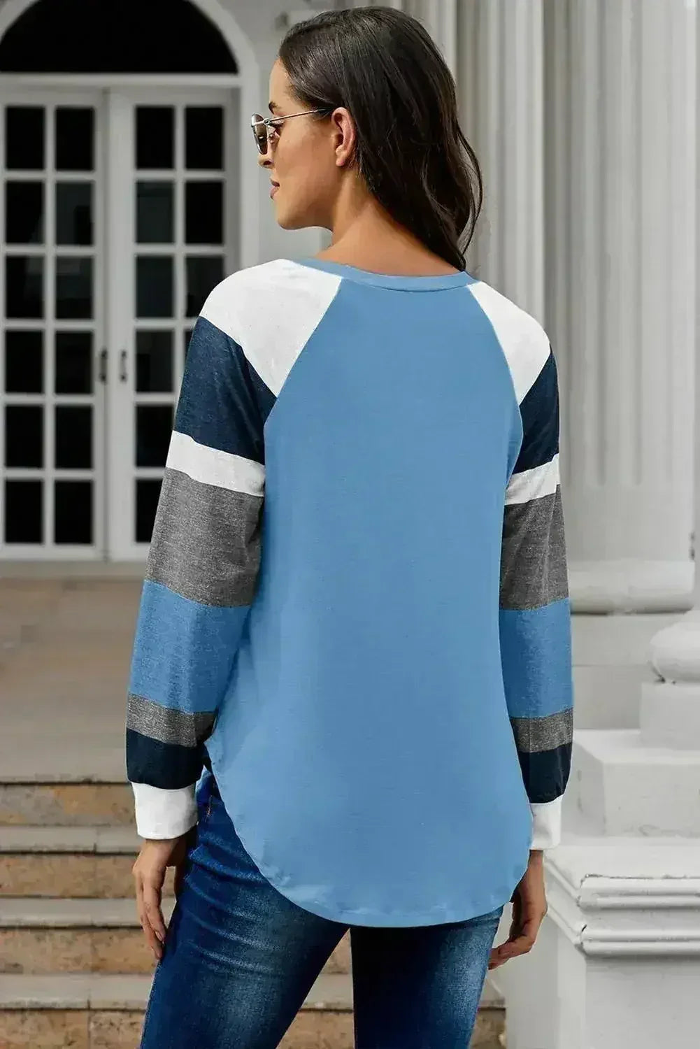 Womens Color Block Long Sleeves Blue Pullover Top