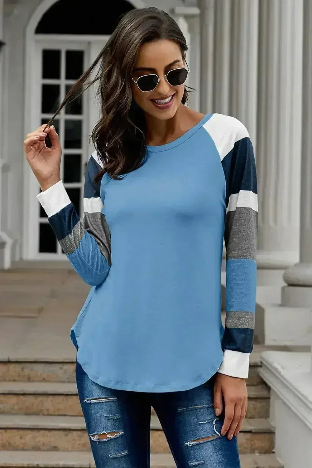 Womens Color Block Long Sleeves Blue Pullover Top