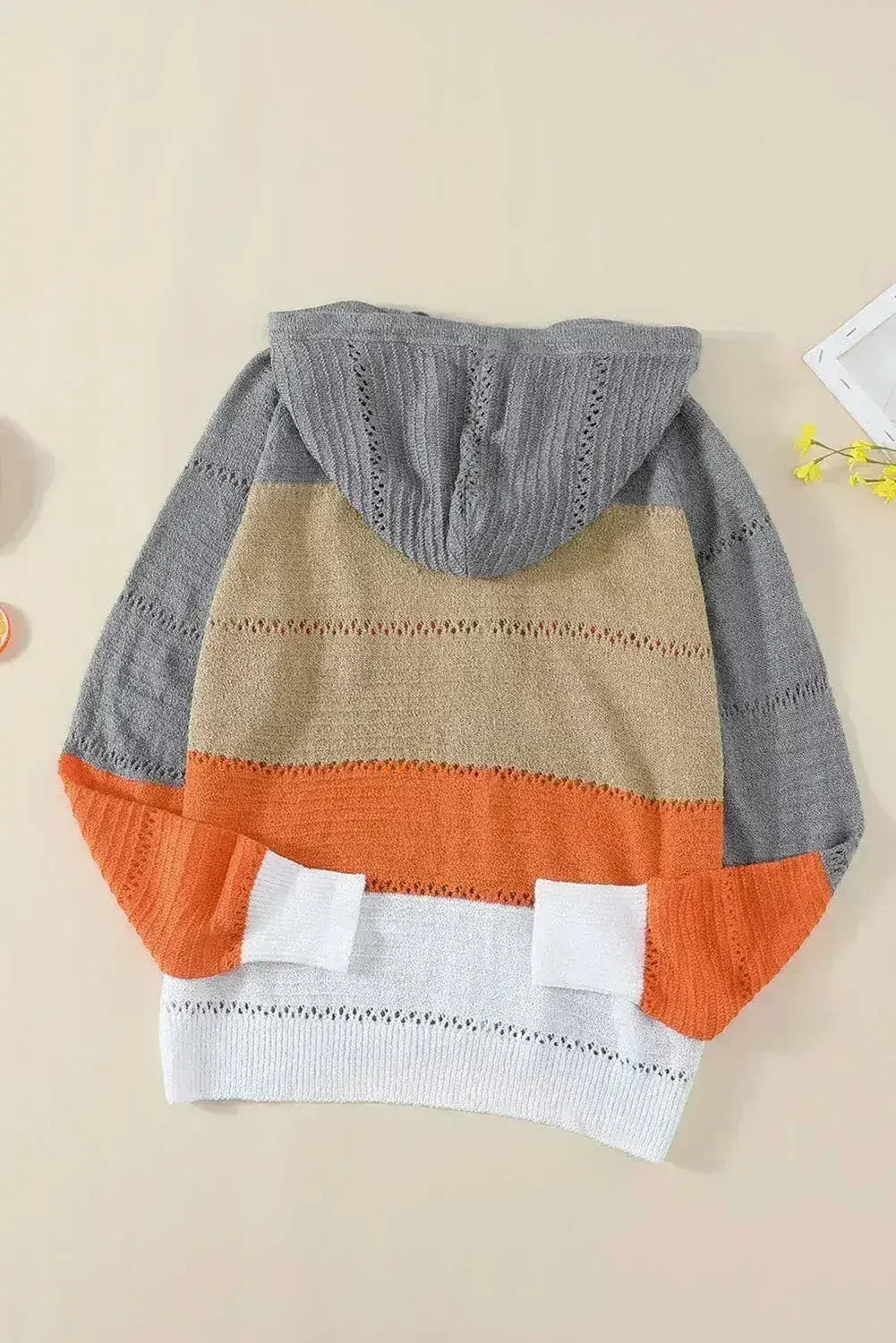 Womens Zipped Front Gray Colorblock Hollow-out Knit Hoodie