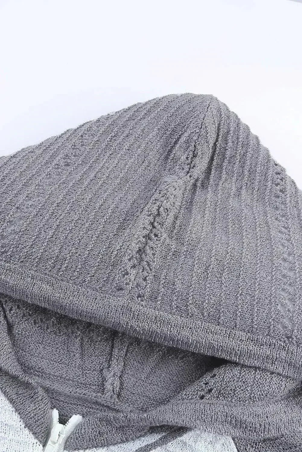 Womens Zipped Front Gray Colorblock Hollow-out Knit Hoodie