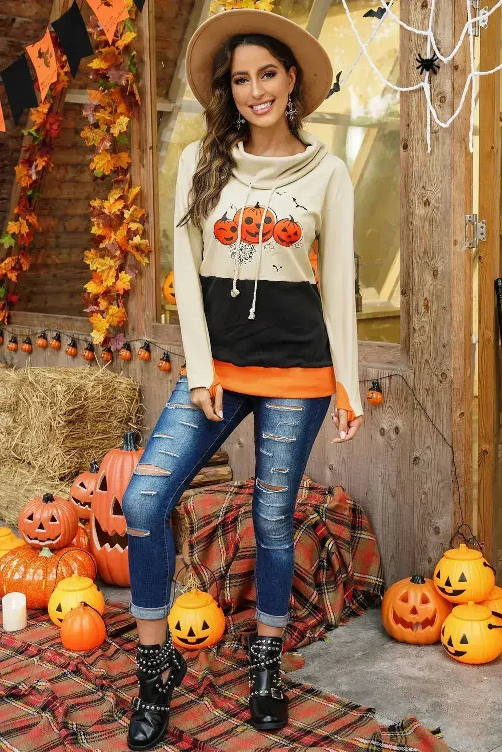 Cowl Neck Pumpkin Print Color Block Halloween Sweatshirt