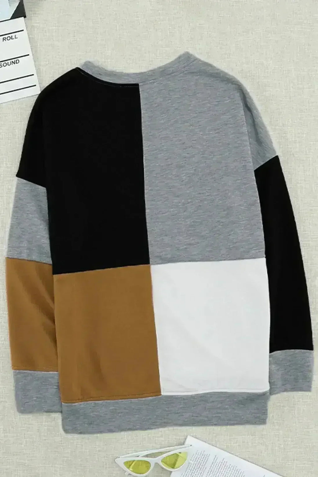 Women's Gray Color Block Round Neck Long Sleeves Pullover Sweatshirt
