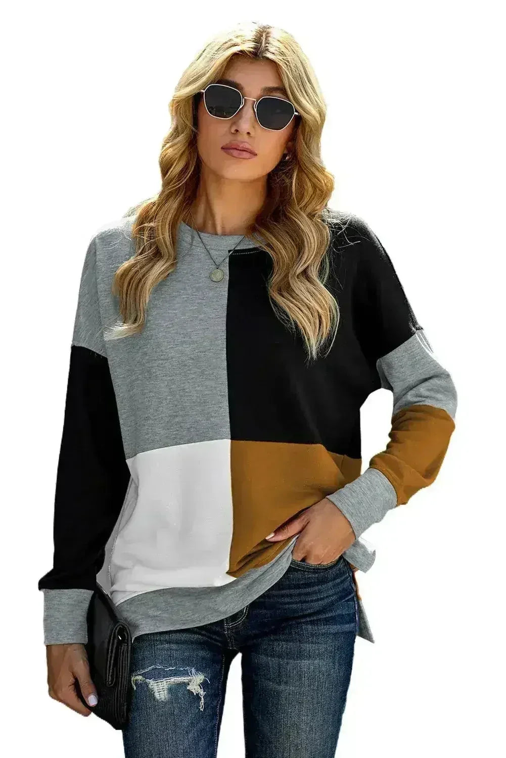 Women's Gray Color Block Round Neck Long Sleeves Pullover Sweatshirt