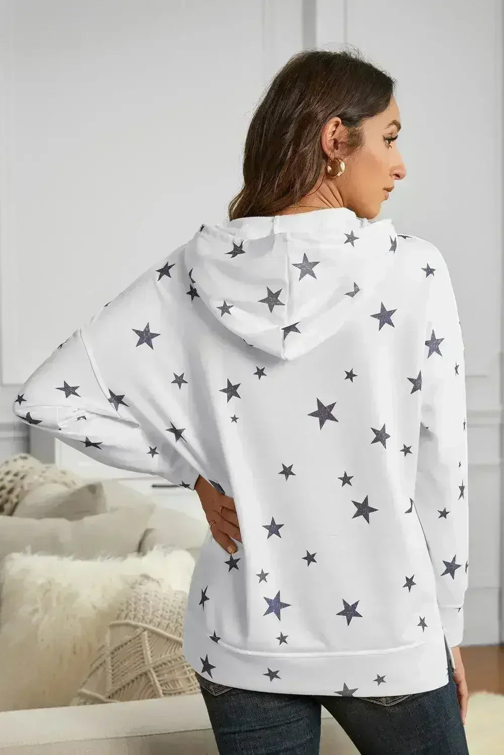 Women's Side Slits White Star Print Hoodie