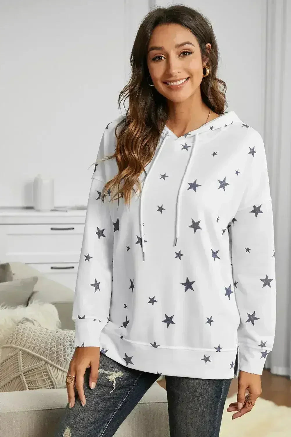 Women's Side Slits White Star Print Hoodie