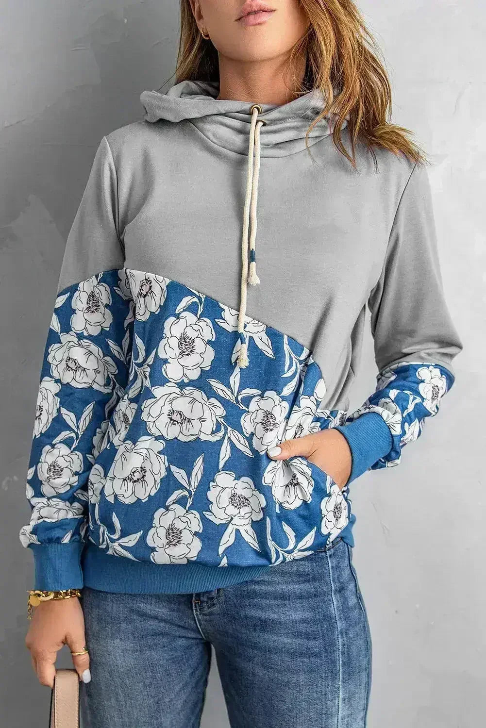 Women's Gray Floral Splicing Cowl Neck Hoodie