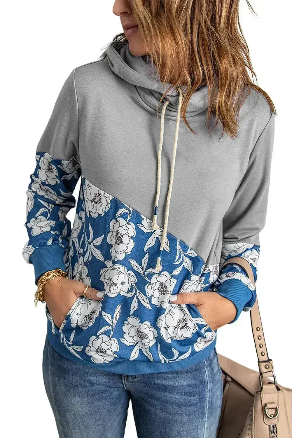 Women's Gray Floral Splicing Cowl Neck Hoodie