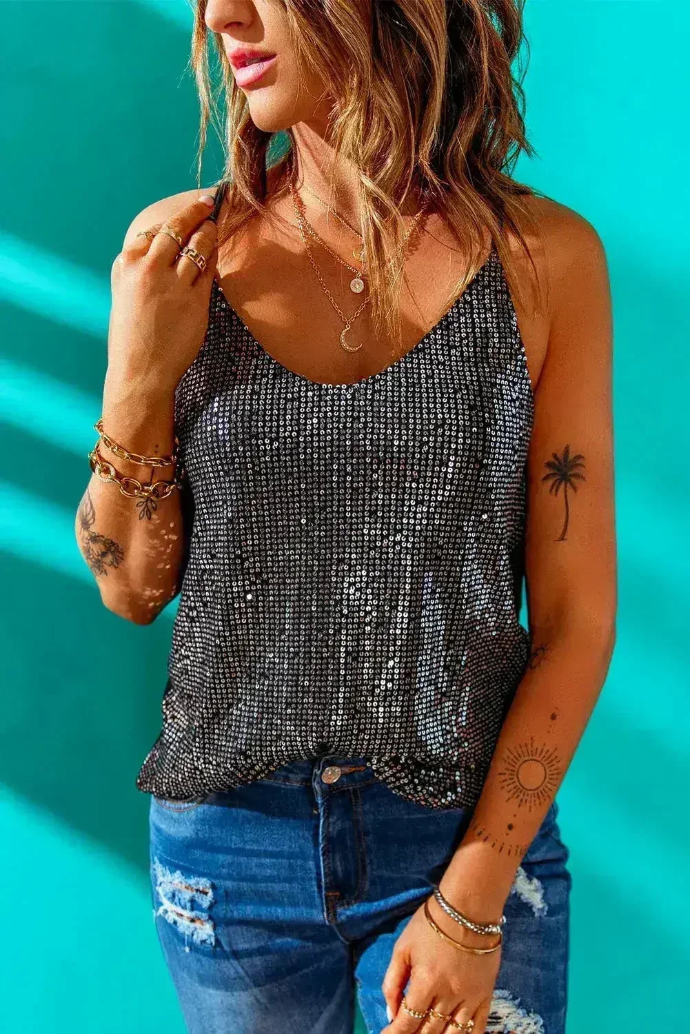 Gray Sequin Spaghetti straps Tank Top