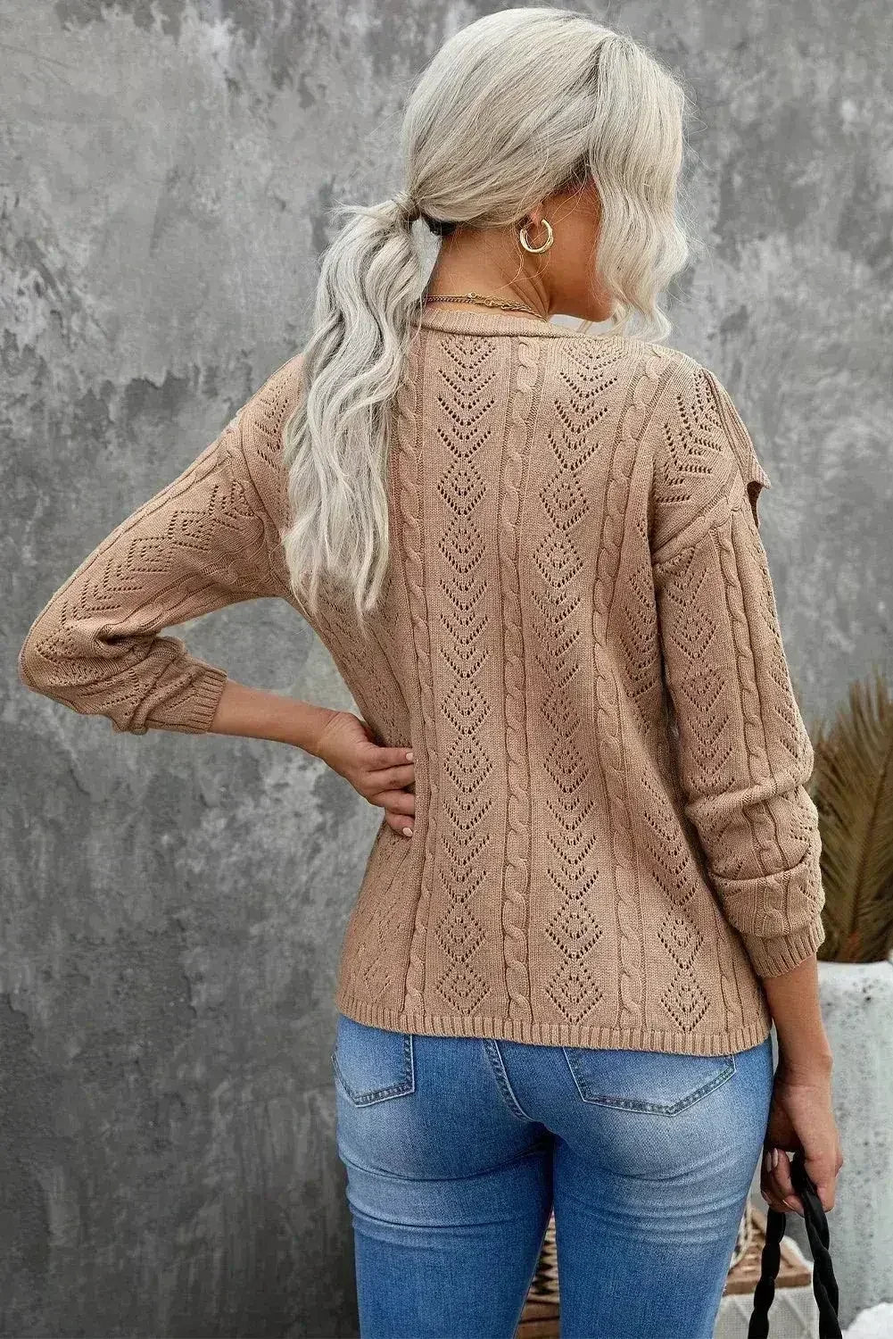 Khaki Ruffled Knit Sweater - Button Front V-Neck Cardigan | Femstylo