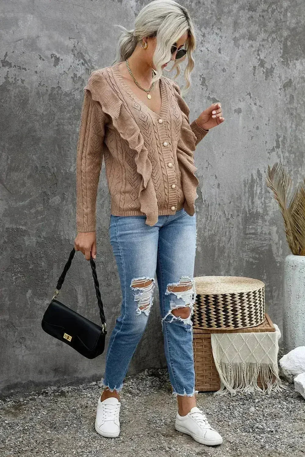 Khaki Ruffled Knit Sweater - Button Front V-Neck Cardigan | Femstylo