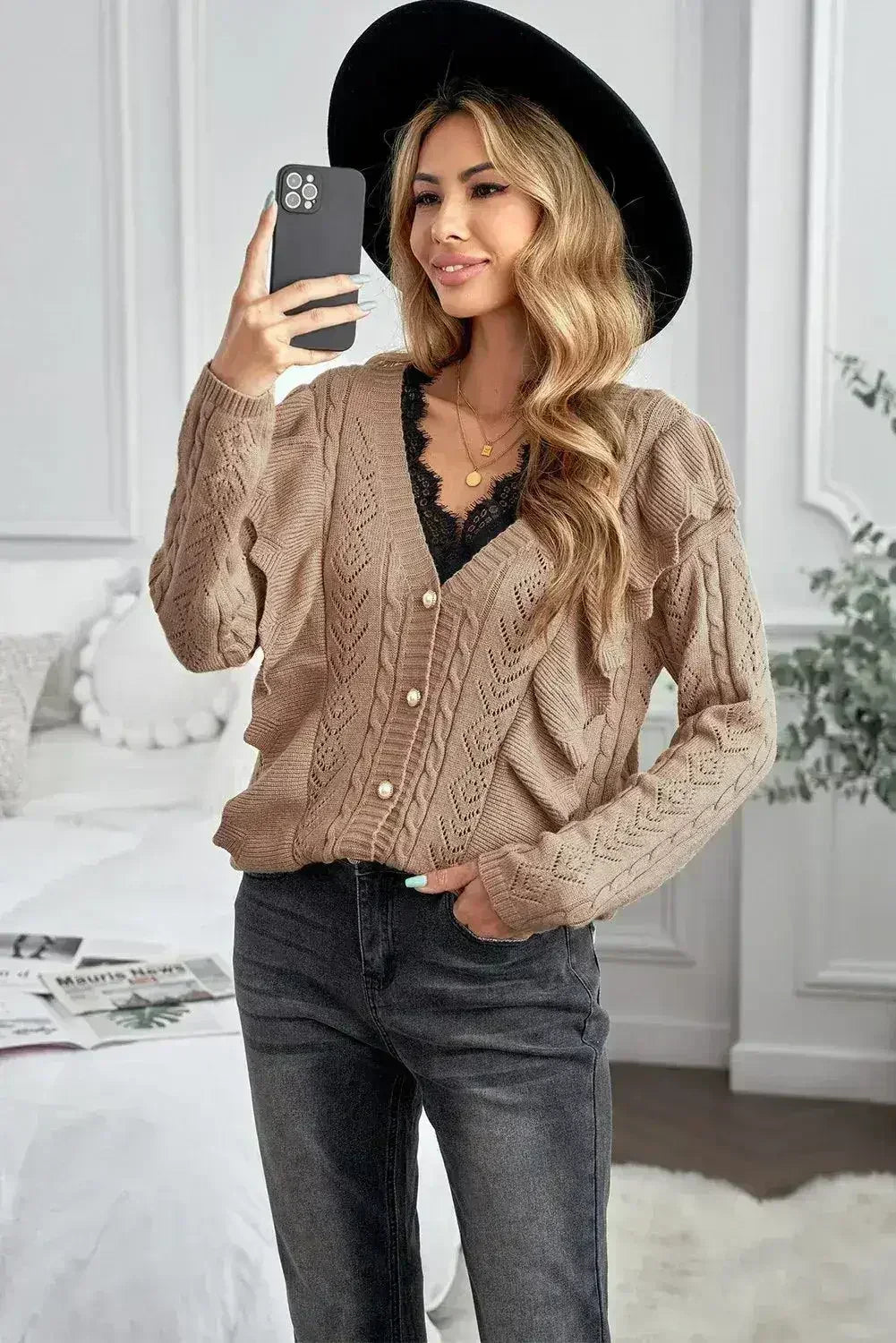 Khaki Ruffled Knit Sweater - Button Front V-Neck Cardigan | Femstylo