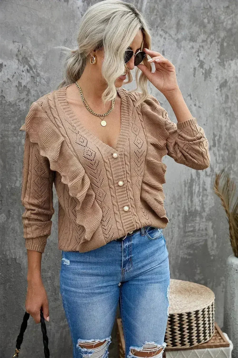 Khaki Ruffled Knit Sweater - Button Front V-Neck Cardigan | Femstylo