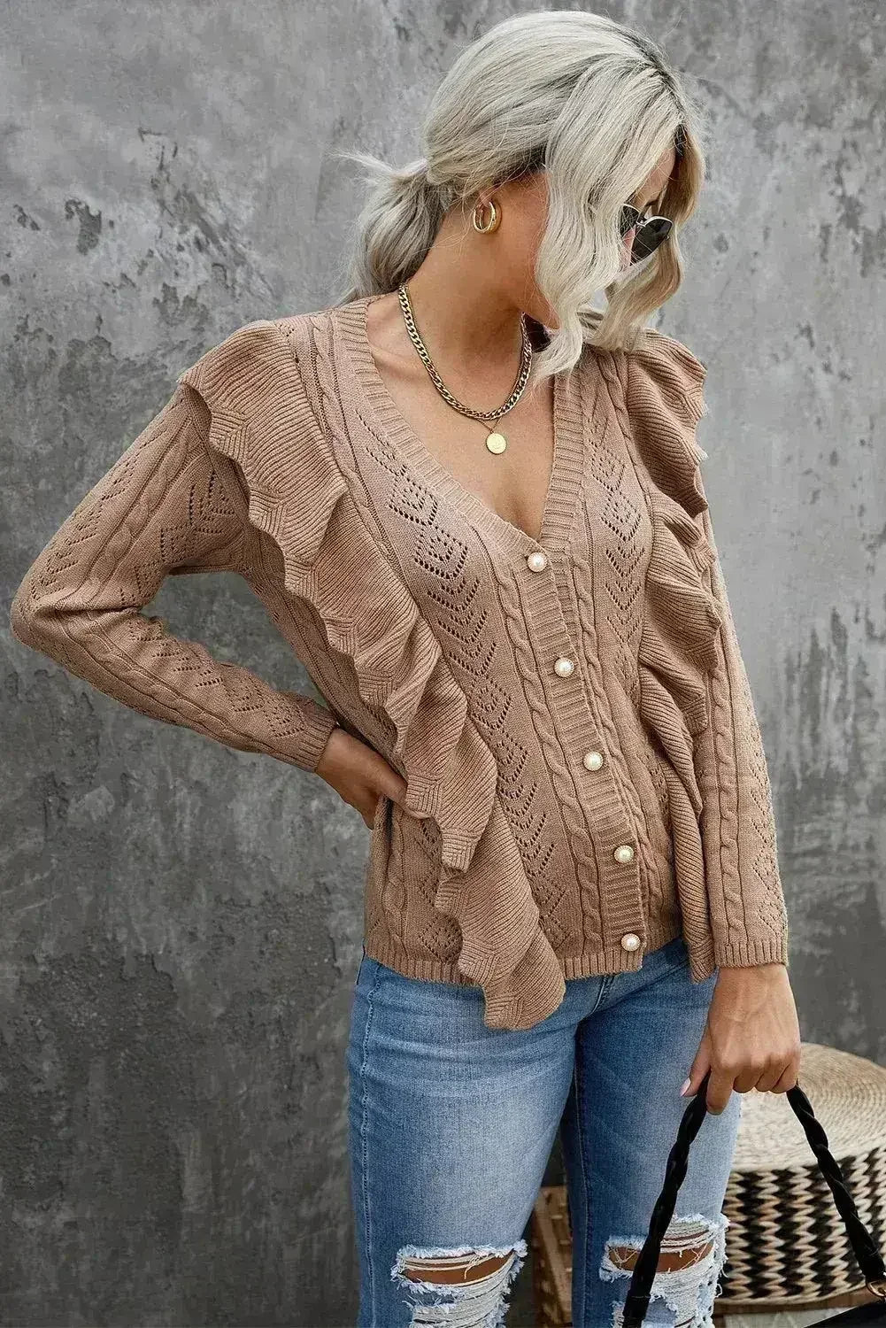 Khaki Ruffled Knit Sweater - Button Front V-Neck Cardigan | Femstylo