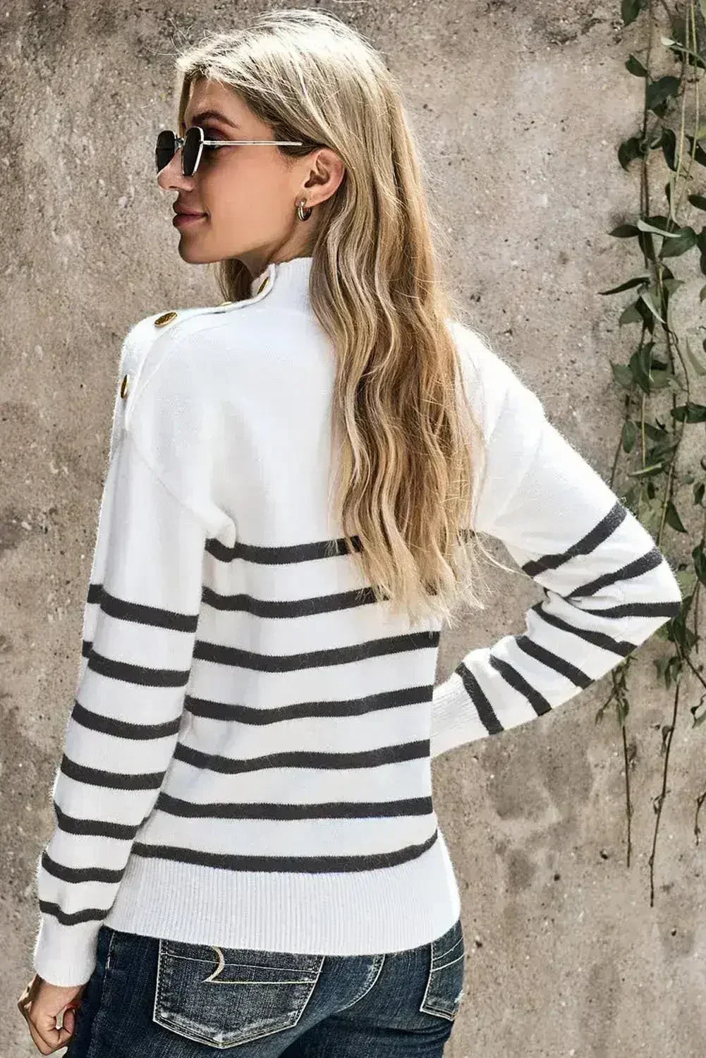 Winter White Striped Turtleneck Long Sleeve Sweater with Buttons