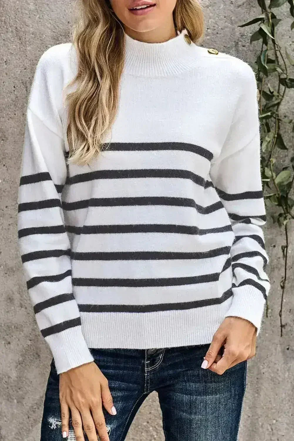 Winter White Striped Turtleneck Long Sleeve Sweater with Buttons