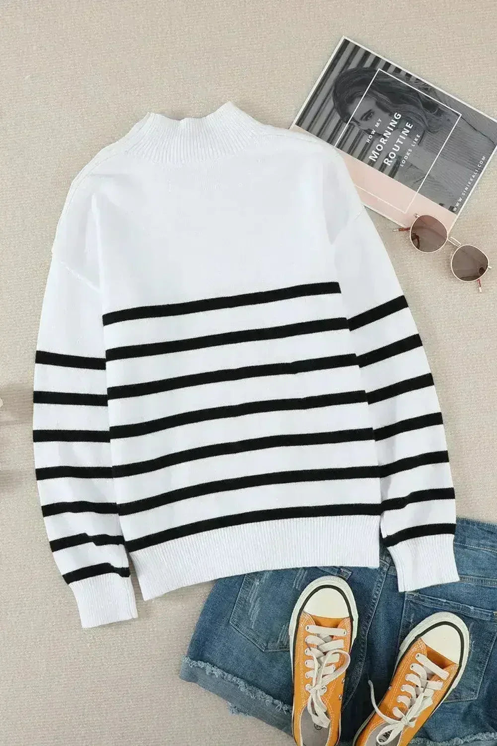 Winter White Striped Turtleneck Long Sleeve Sweater with Buttons