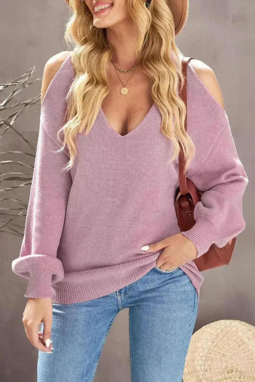 Cute Pink Cold Shoulder Sweater