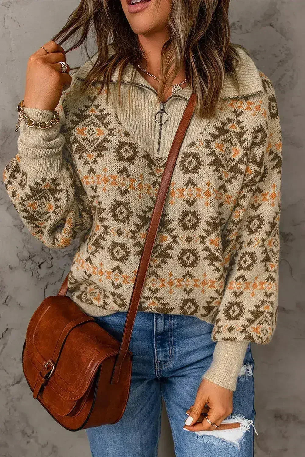 Khaki Aztec Zipped Sweater