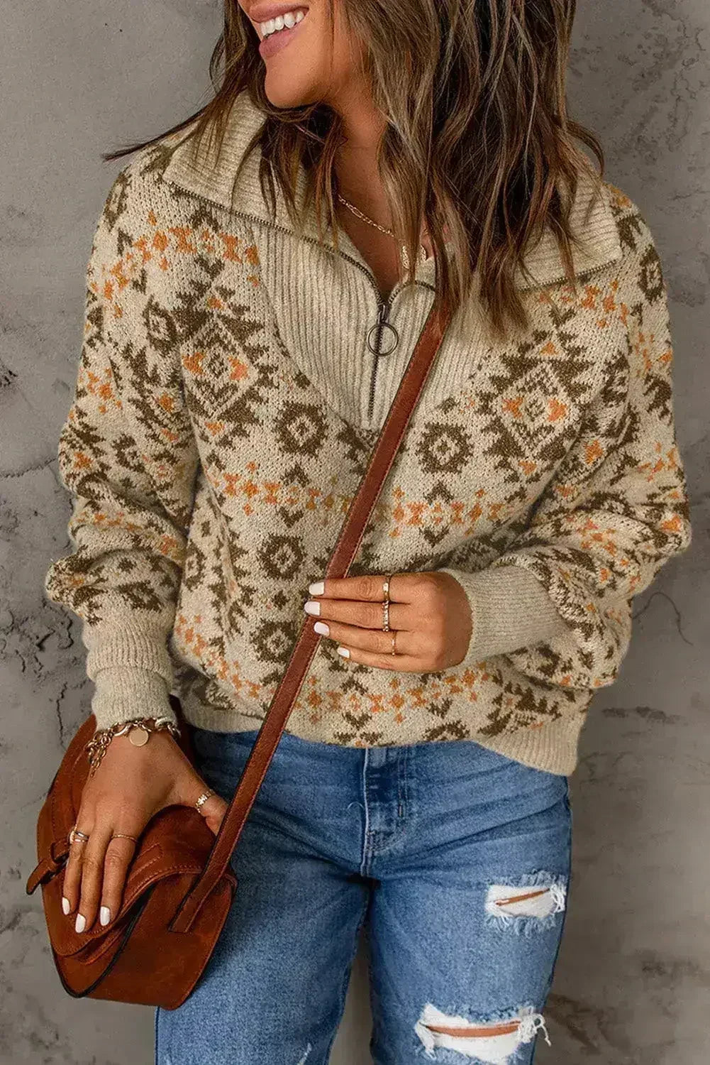 Khaki Aztec Zipped Sweater