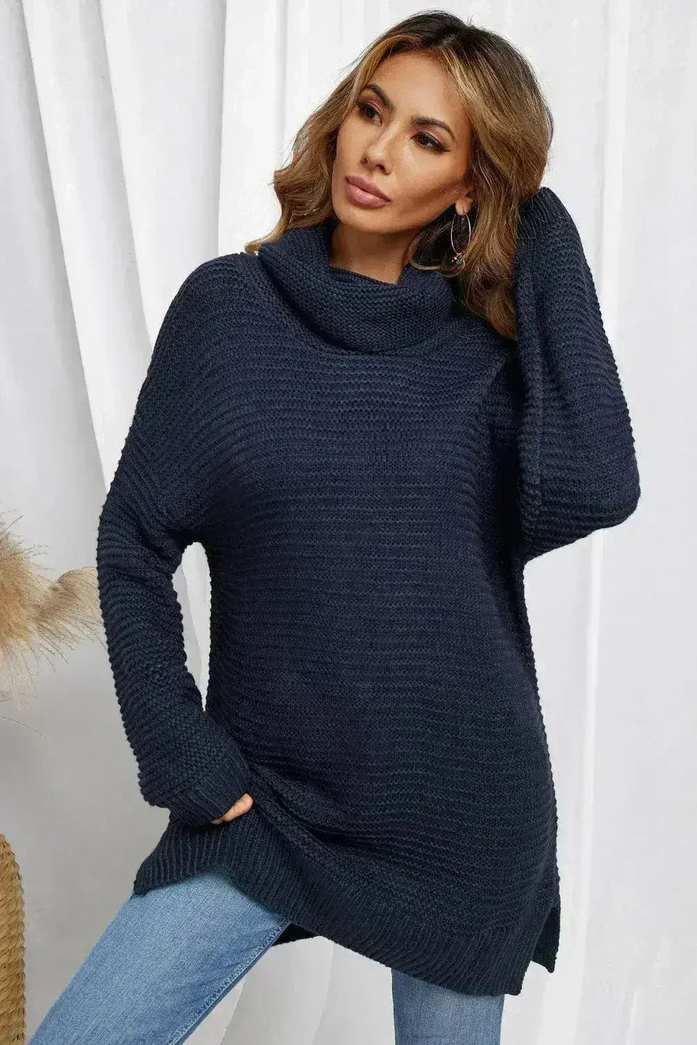 Navy Blue Turtleneck Sweater - Cozy Winter Knit with Long Sleeves | Femstylo