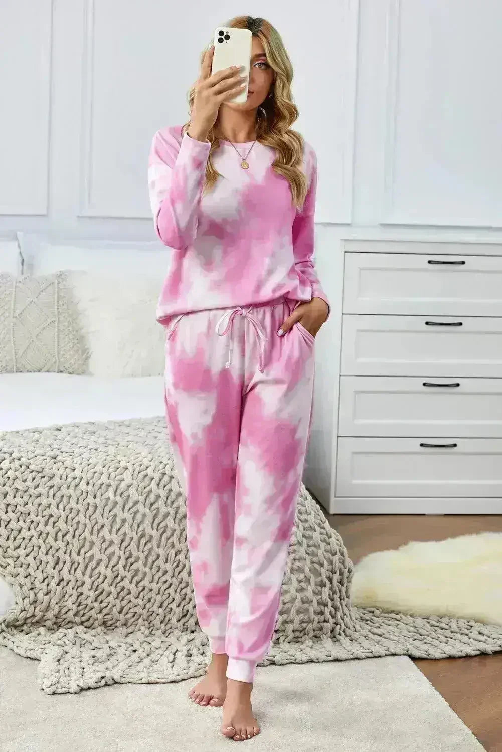 Fashion Pink Tie Dye Knit Long Sleeve Joggers Set