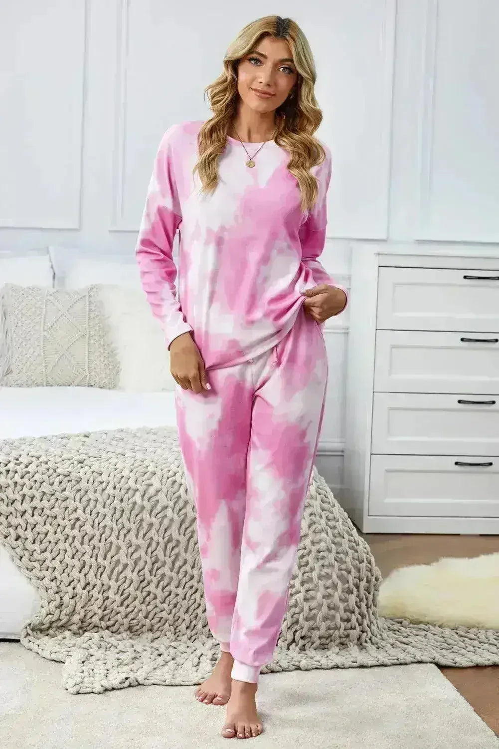 Fashion Pink Tie Dye Knit Long Sleeve Joggers Set