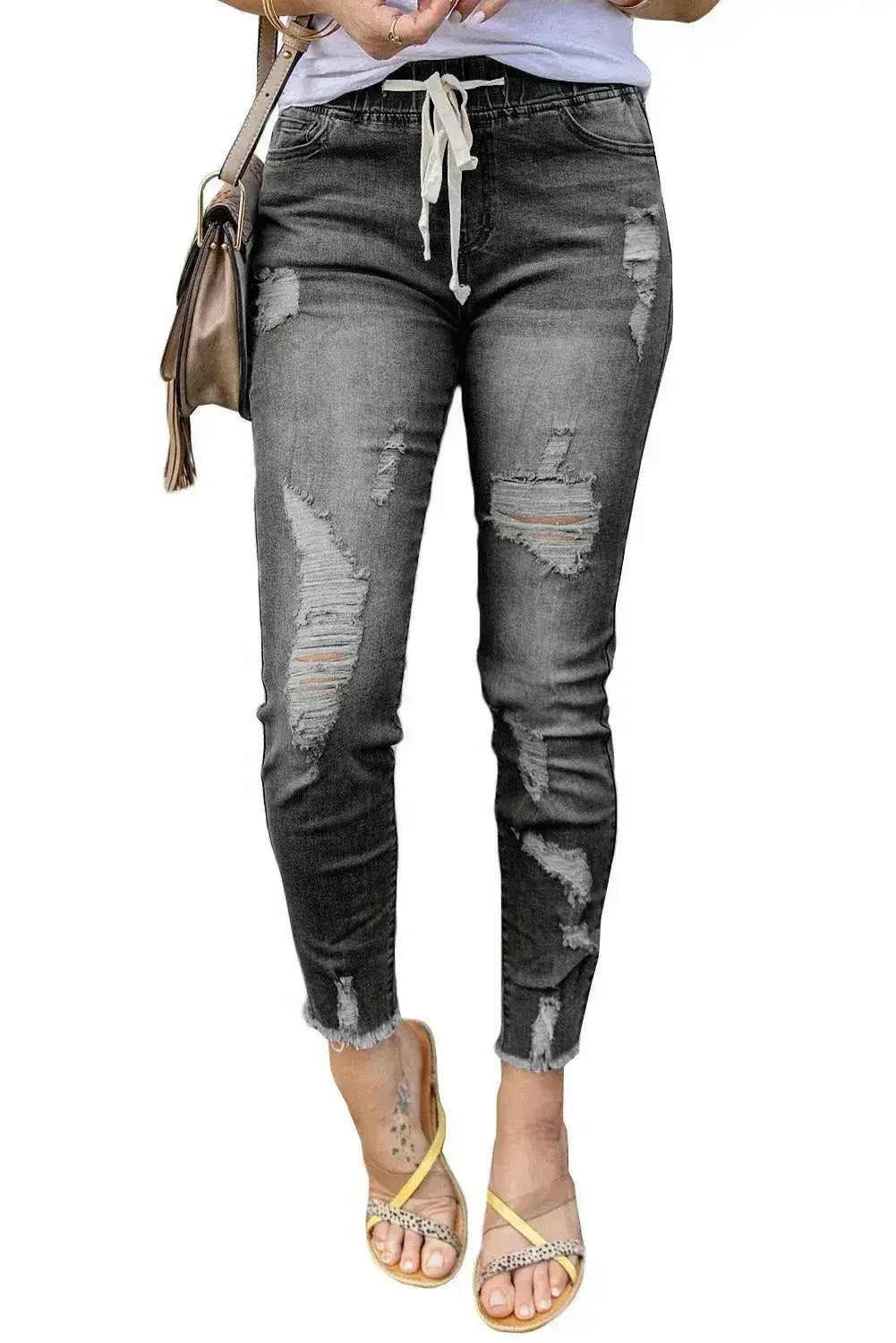 Women's Fashion Gray Drawstring Elastic Waist Hole Ripped Jeans