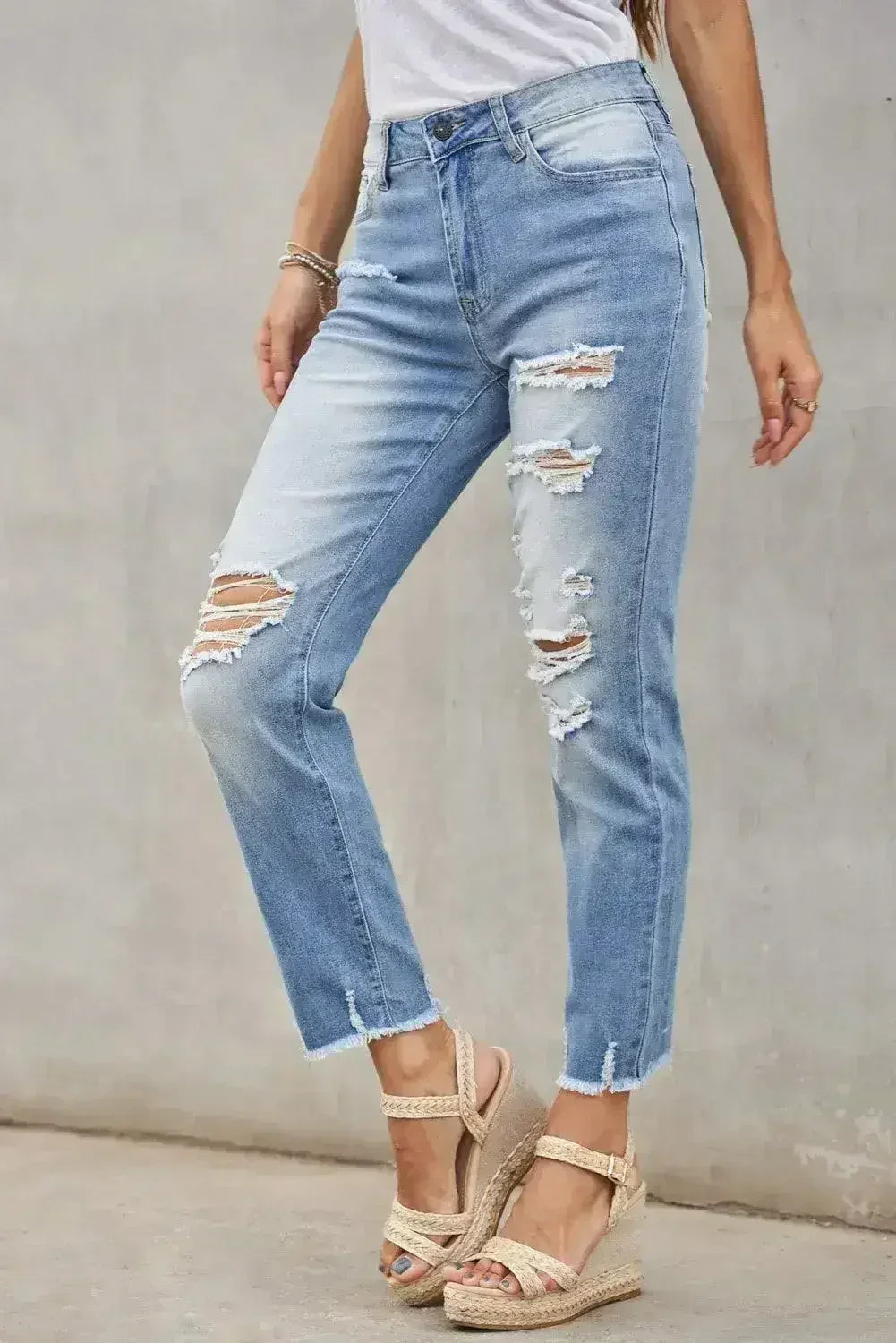 Fashion Light Blue Distressed Boyfriend Denim Pants