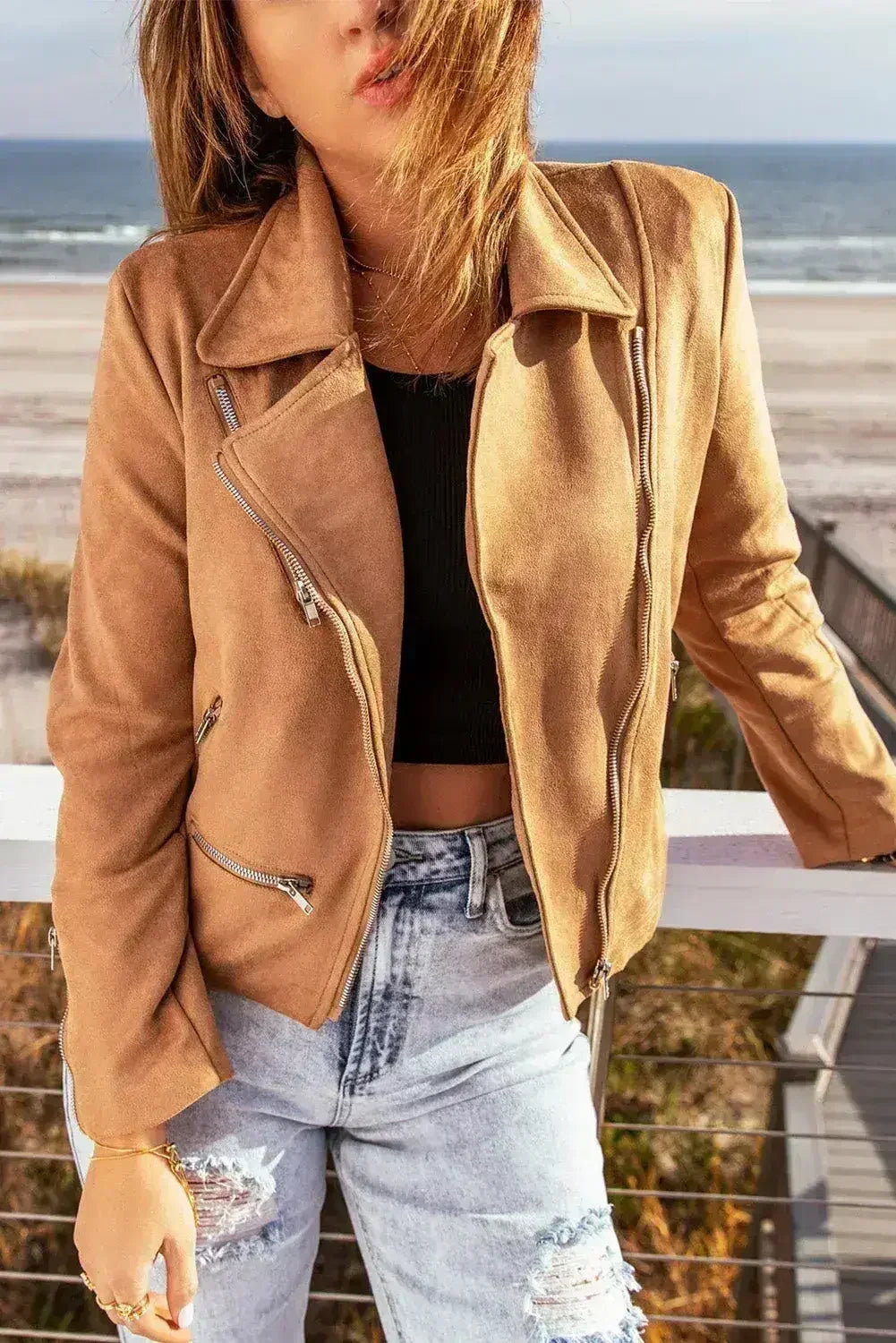 Brown Notch Collar Jacket - Classic Zippered Short Coat for Women | Femstylo