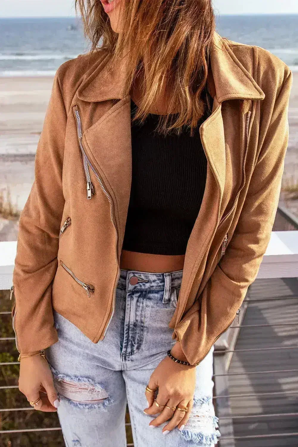 Brown Notch Collar Jacket - Classic Zippered Short Coat for Women | Femstylo