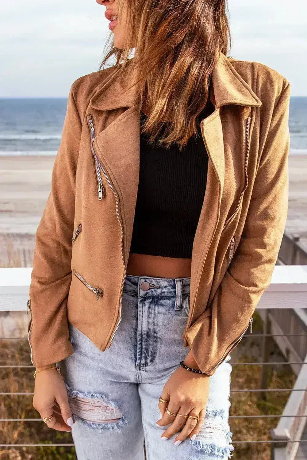 Brown Notch Collar Jacket - Classic Zippered Short Coat for Women | Femstylo