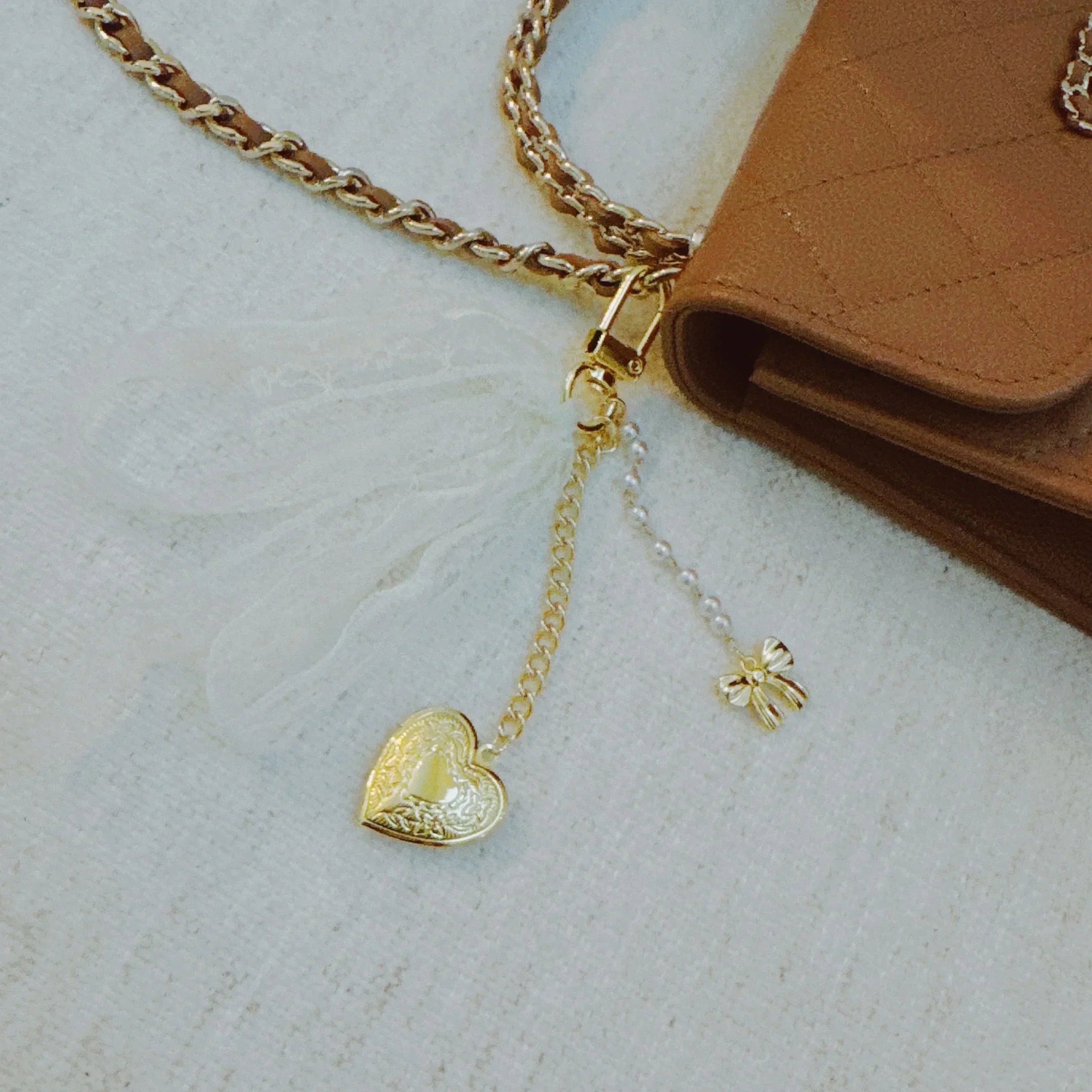 Lace & Love Heart Bag Charm  – White Bow with Gold Heart | Romantic
