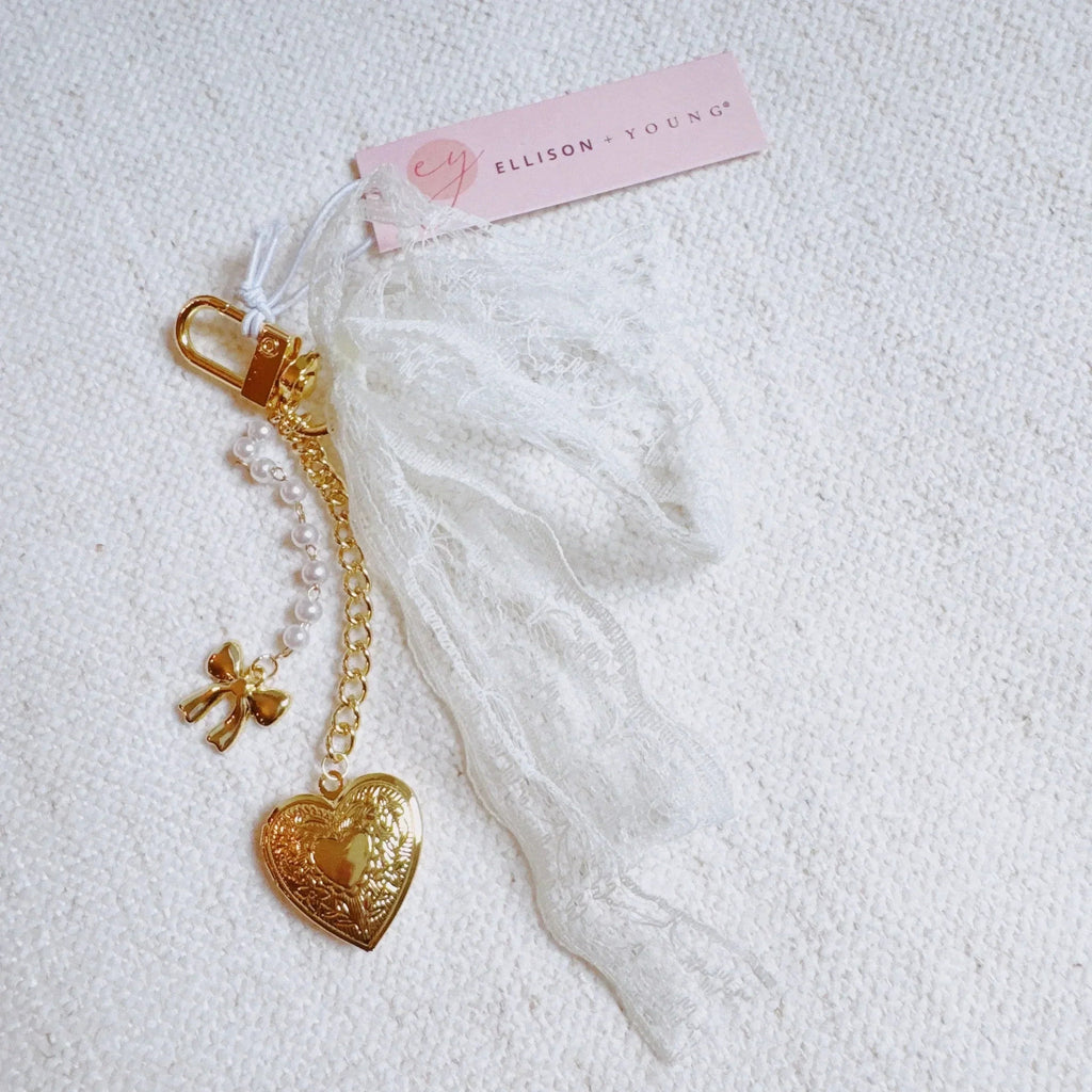 Lace & Love Heart Bag Charm  – White Bow with Gold Heart | Romantic