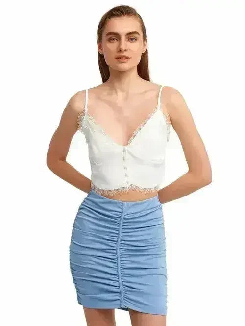Lace Detail Crop Top | Rayon-Viscose Blend | Feminine Style